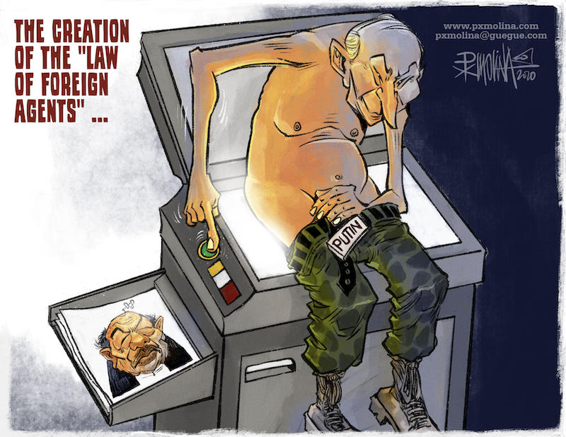 Illustration of Vladimir Putin sitting on a copy machine with his finger on the copy machine’s button. Copies of his face sit in the print area. On the upper left corner is the text “The Creation of the ‘law of foreign agents’ ...”