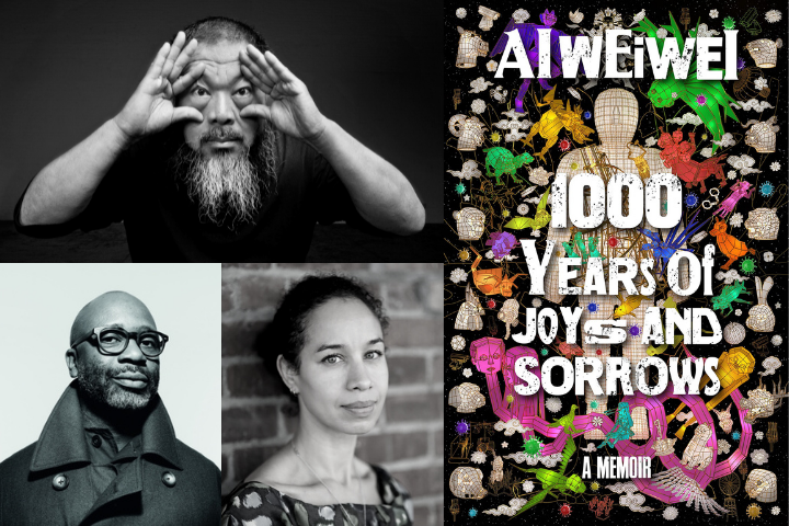 On left: Headshots of Ai Weiwei, Theaster Gates, and Louise Bernard; on right: 1000 Years of Joys and Sorrows book cover