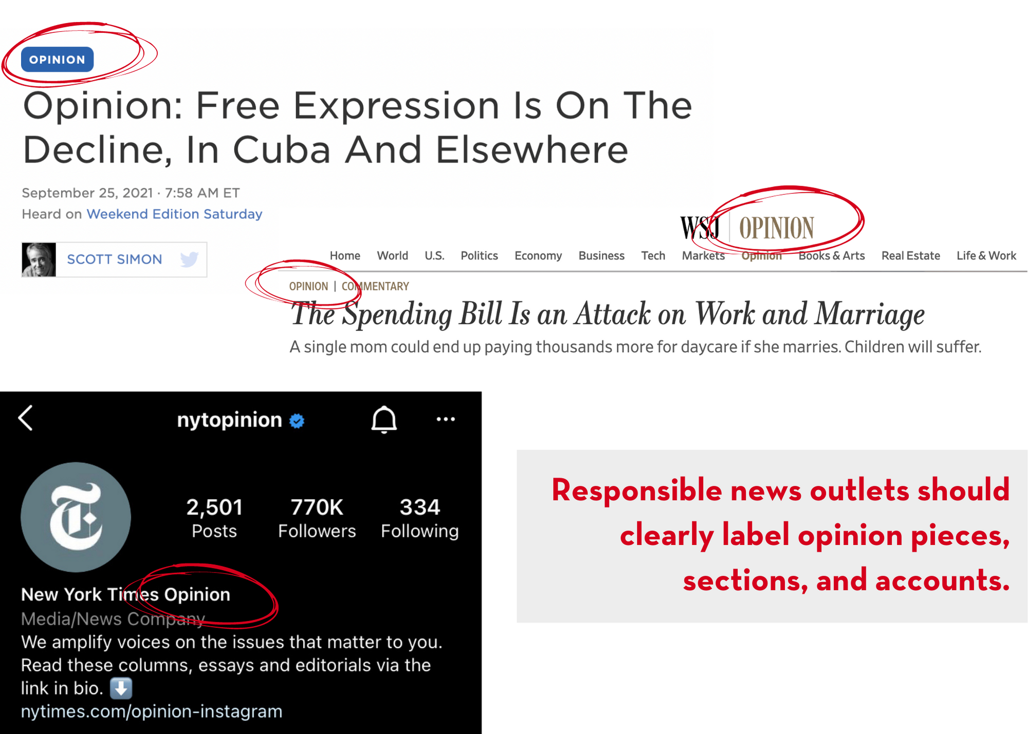 Screenshot showing several op-ed headlines and the New York Times Opinion account with “Opinion” circled
