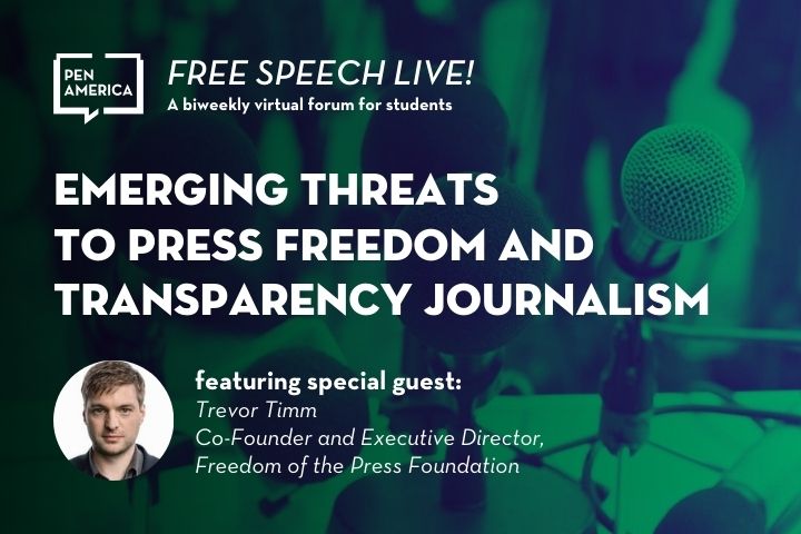 Microphones on podiums and with green overlay in background; on top: “Free Speech Live! A biweekly virtual forum for students. Emerging Threats to Press Freedom and Transparency Journalism featuring special guest: Trevor Trimm, Co-Founder and Executive Director, Freedom of the Press Foundation”