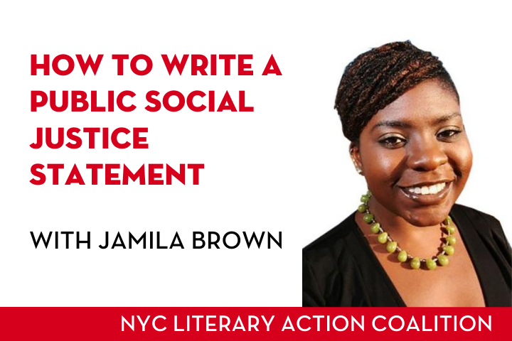 “How to Write a Public Social Justice Statement with Jamila Brown” on left; Jamila Brown headshot on right