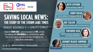 “Saving Local News: The Story of the Storm Lake Times” event and participant information on a graphic