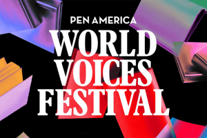 Flying colorful books in the background; on top: “PEN America World Voices Festival”