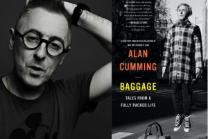 Alan Cumming headshot and Baggage book cover