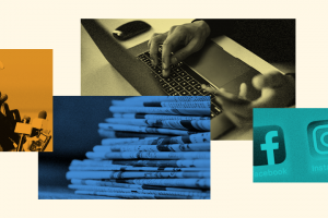 Stacked photo collage of hands typing on a laptop, reporter microphones, a stack of newspapers, and social media icons