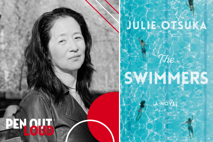 Julie Otsuka headshot and The Swimmers book cover