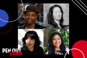 Headshots of PEN Out Loud speakers surrounded by assorted shapes and PEN Out Loud logo: Robert Jones Jr. and Julie Otsuka (first row); Solmaz Sharif and Julissa Arce (second row)