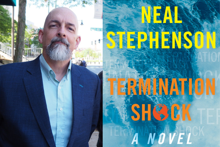 Neal Stephenson headshot and Termination Shock book cover
