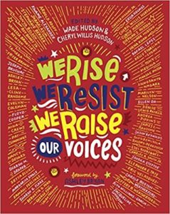A red book cover with the words, "We Rise We Resist We Raise Our Voices"