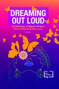 Book cover for Dreaming Out Loud, featuring a line drawing of a woman's face with flowers and butterflies