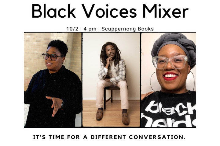 Top: "Black Voices Mixer", Headshots of Johnny Lee Chapman, III, Ashley Lumpkin, and Krystal Smith, Bottom: "It's Time for a Different Conversation"