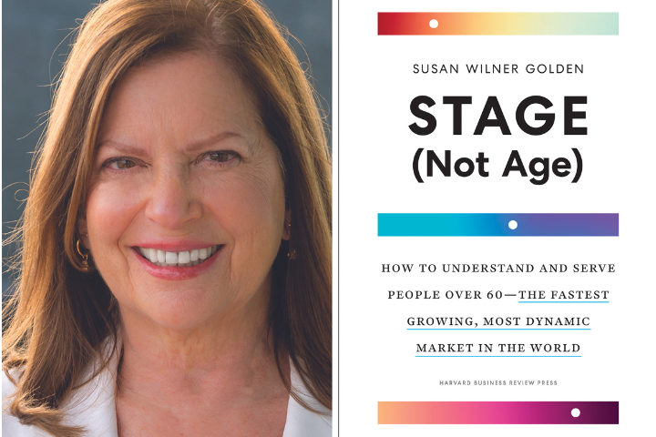 Susan Golden headshot and Stage Not Age book cover