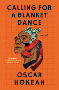 cover for oscar hokeah's calling for a blanket dance, featuring a collage of a black man's face, a dollar bill, and a ribbon