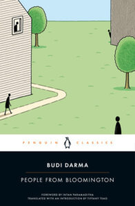 cover of budi darma's people from bloomington, an illustration of four black stick figures on a suburban landscape