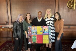 Lead, Congressional Affairs Laura Schroeder (second from right) and Program Director, Freedom to Read Kasey Meehan (second from left) with Representative Ayanna Pressley (D-MA) (center), after a congressional roundtable on book bans in December 2023.