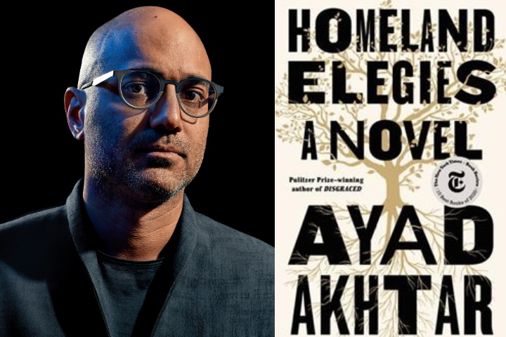 Ayad Akhtar headshot and Homeland Elegies book cover