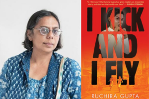Ruchira Gupta headshot and I Kick and I Fly book cover