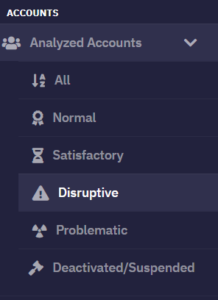 Drop down of analyzed accounts on Bot Sentinel, with menu items including All, Normal, Satisfactory, Disruptive, Problematic, Deactivated/Suspended
