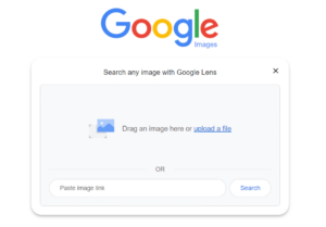 Google image search, where text reads "Drag an image here or upload a file"