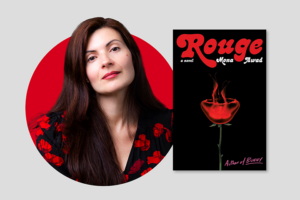 Mona Awad headshot with Rogue book cover