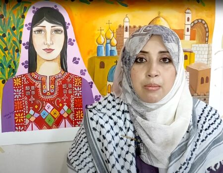 Palestinian artist Heba Zagout (screenshot by Hyperallergic via Palestinian Artists on YouTube)