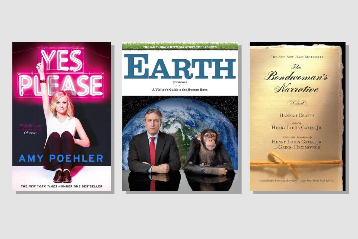 Three books are shown. Yes Please by Amy Poehler with a neon sign design, Earth featuring a man and chimpanzee, and The Bondwomans Narrative by Hannah Crafts with an antique manuscript-style cover.