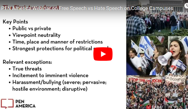 PEN America Webinar on Free Speech vs Hate Speech on College Campuses (Nov. 10)