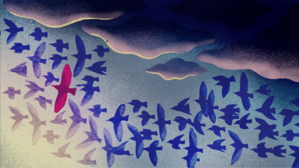 A group of birds flying through clouds, supporting a larger pink bird towards brighter sunlight