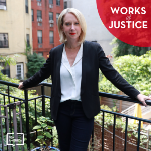 Works of Justice podcast artwork with Lucy Lang photo