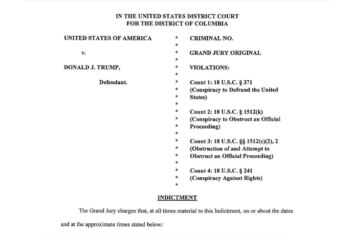 Court document header showing the criminal case United States of America v. Donald J. Trump, listing four charges including conspiracy and obstruction, in the United States District Court for the District of Columbia.