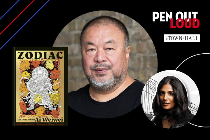 A promotional image featuring Ai Weiwei’s portrait in the center, the cover of his book Zodiac on the left, a photo of Rakesh Satyal on the right, and Pen Out Loud and The Town Hall logos on a black background.