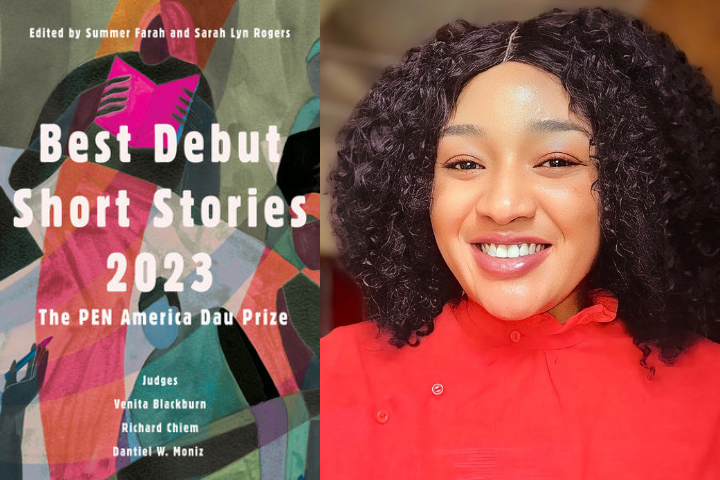 The image is split: on the left, a colorful book cover reads Best Debut Short Stories 2023: The PEN America Dau Prize; on the right, Annabelle Ulaka, a smiling woman with curly hair, wears a bright red top.