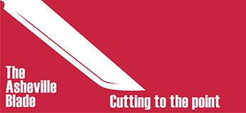A red background with a white graphic of a blade. White text reads The Asheville Blade in the bottom left and Cutting to the point in the bottom right.