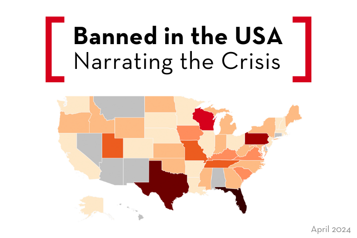 A U.S. map shaded in various colors under the title Banned in the USA: Narrating the Crisis, highlighting states with different levels of bans, dated April 2024.