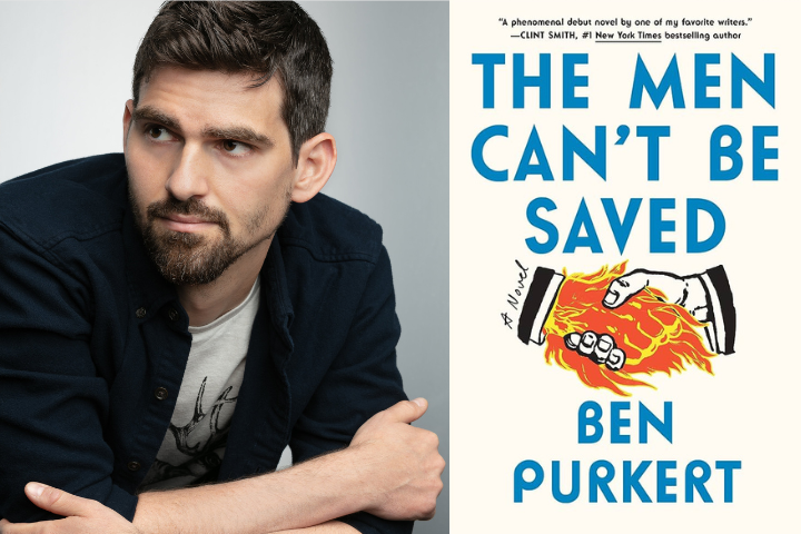 A man with short dark hair and a beard looks to the side, next to the book cover for The Men Cant Be Saved by Ben Purkert, featuring two hands shaking over flames.