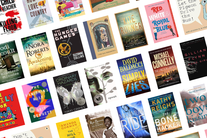 A diagonal arrangement of various popular book covers, including titles like The Hunger Games, Red, White & Royal Blue, Speak, and The Bone Hacker, displayed in a colorful collage.