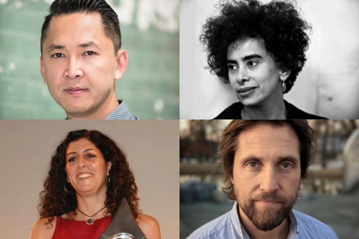 A collage of four portraits: an Asian man with short hair, a person with curly dark hair and earrings, a woman with long dark hair holding an award, and a man with light brown hair and a beard.