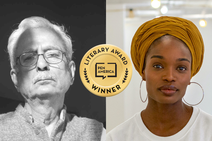 Split image of an older man with glasses and mustache in grayscale on the left, and a young woman with a yellow headwrap and hoop earrings in color on the right; PEN America Literary Award Winner badge in the center.