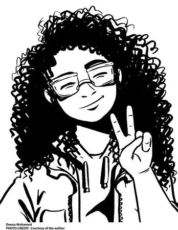Black and white illustration of a smiling person with curly hair and glasses, wearing a hoodie, holding up their right hand making a peace sign gesture—perfect for a Deena Mohamed interview feature.
