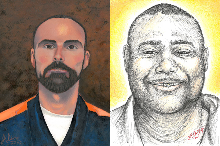 Side-by-side portraits: on the left, a man with a shaved head and dark beard in a dark shirt; on the right, a pencil sketch of a smiling man with short hair, surrounded by a yellow halo.