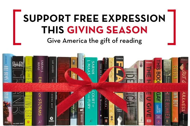A row of diverse books is wrapped with a red ribbon bow. Above, bold text reads: Support free expression this giving season. Give America the gift of reading.