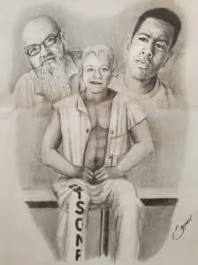 A young man in pants marked with the word “prisoner” sits and smile. Images of an older man and a young man with pensive expressions linger behind him