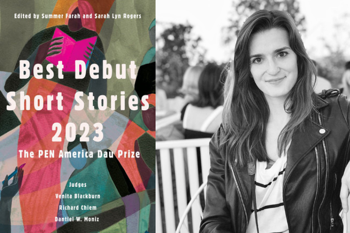 On the left, a colorful book cover reads Best Debut Short Stories 2023: The PEN America Dau Prize. On the right, a black-and-white photo shows Jo Saleska, a woman with long hair in a leather jacket, smiling at the camera.