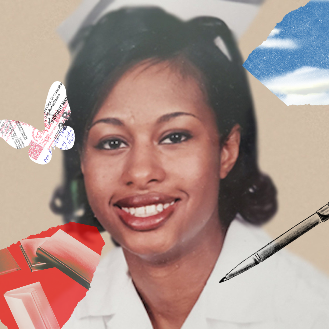 A young woman with shoulder-length dark hair smiles at the camera, wearing a white collared top. Surrounding her are collage elements—like a butterfly, pen, and colorful paper fragments—highlighting themes of prison reproductive healthcare on a beige background.