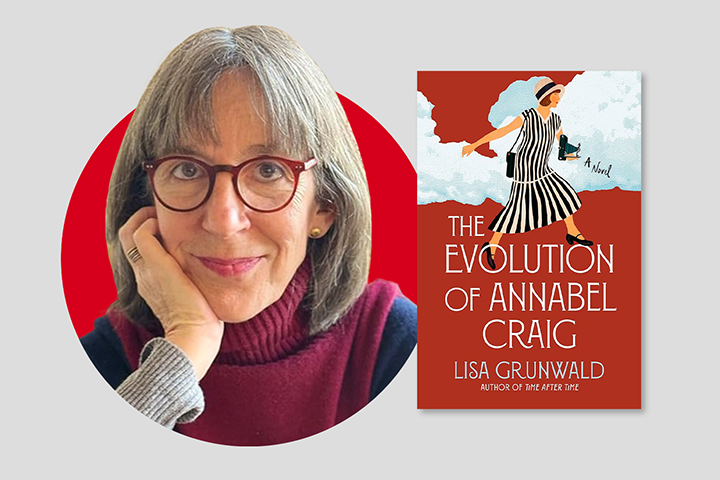 A woman with gray hair and glasses smiles, resting her chin on her hand. Next to her is the book cover for The Evolution of Annabel Craig by Lisa Grunwald, featuring an illustrated woman walking against a red background.