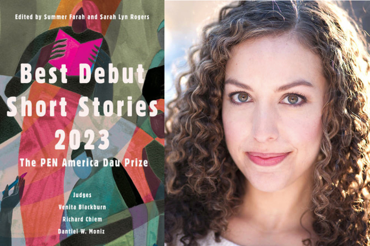 A book cover titled Best Debut Short Stories 2023: The PEN America Dau Prize is shown beside a portrait of Lisa Wartenberg, a woman with curly hair, light skin, and hazel eyes, smiling softly at the camera.