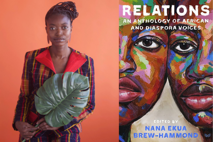 A woman in a plaid jacket holds a large green leaf against an orange background. Next to her is the colorful cover of a book titled Relations: An Anthology of African and Diaspora Voices, edited by Nana Ekua Brew-Hammond.