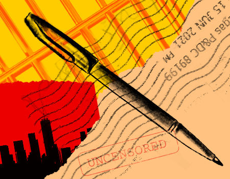 A black pen overlays a collage featuring a prison bar pattern, a city skyline silhouette, postal markings, and a red UNCENSORED stamp, all in bold yellow, red, and black tones.
