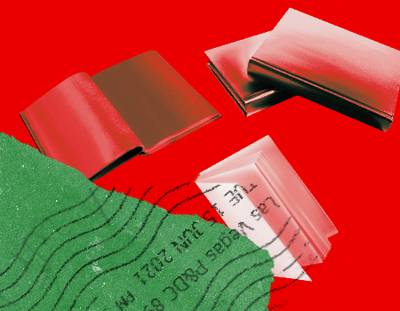 An abstract image featuring three open books and one closed book in shades of red and white, over a bright red background with a torn piece of green paper and postal stamp markings.