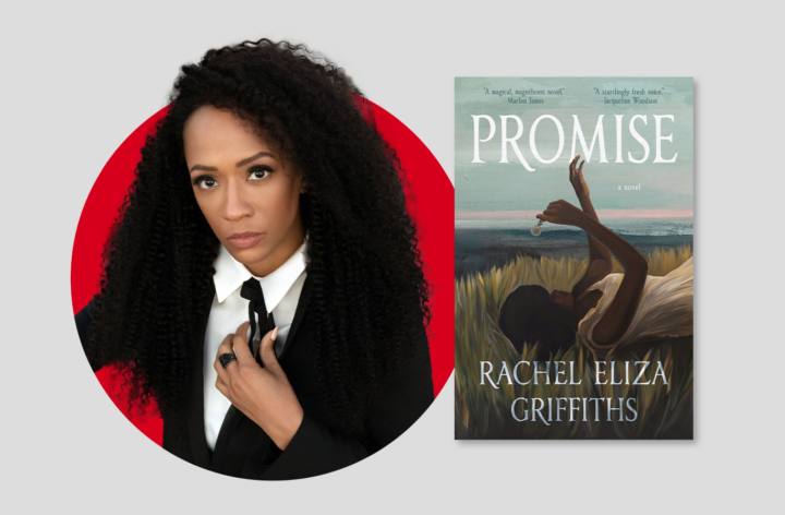 A woman with long curly hair in a suit poses against a red circle, next to the book cover for Promise by Rachel Eliza Griffiths, which shows an illustrated woman lying in a field holding a necklace to the sky.